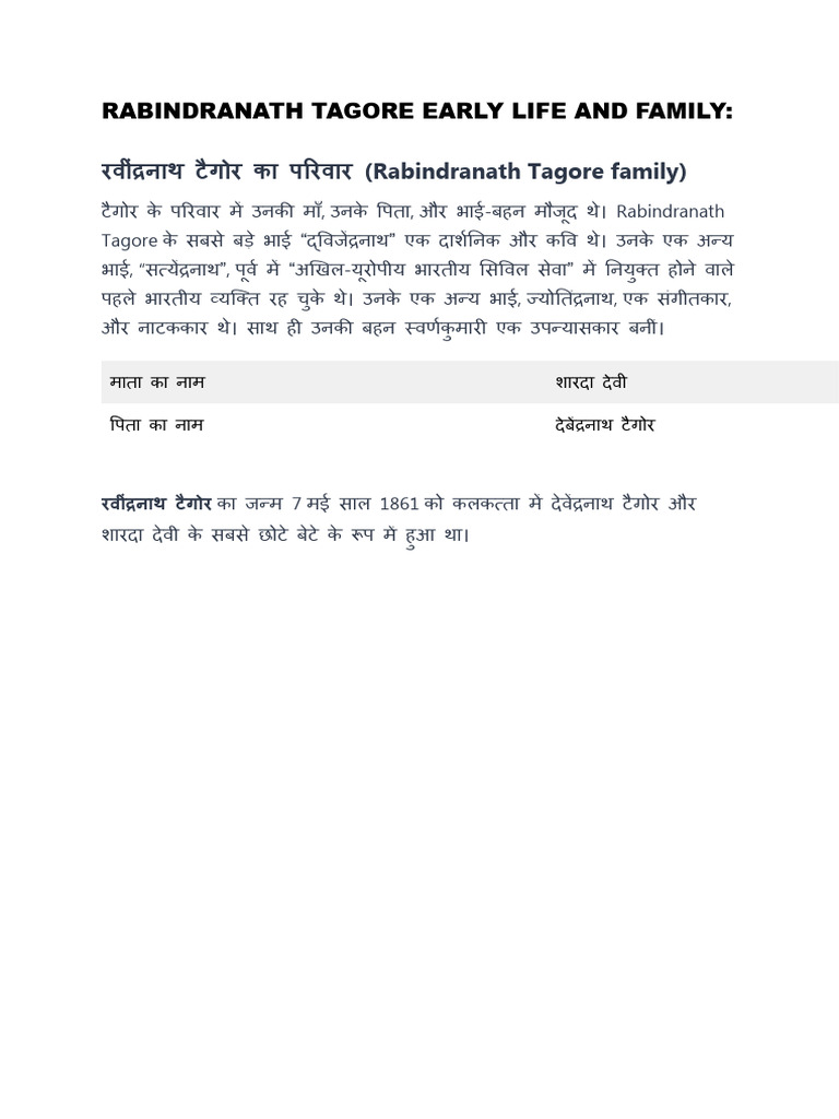 Rabindranath Tagore Early Life and Family | PDF