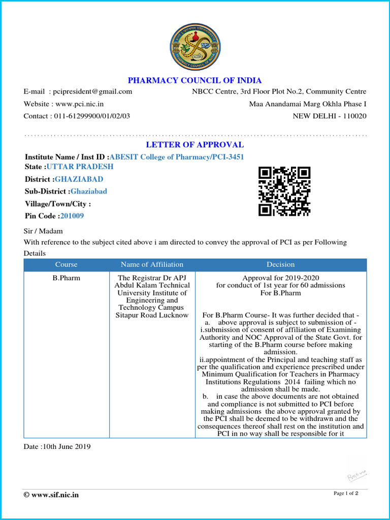PCI Approval Letter for B.Pharm Course | PDF