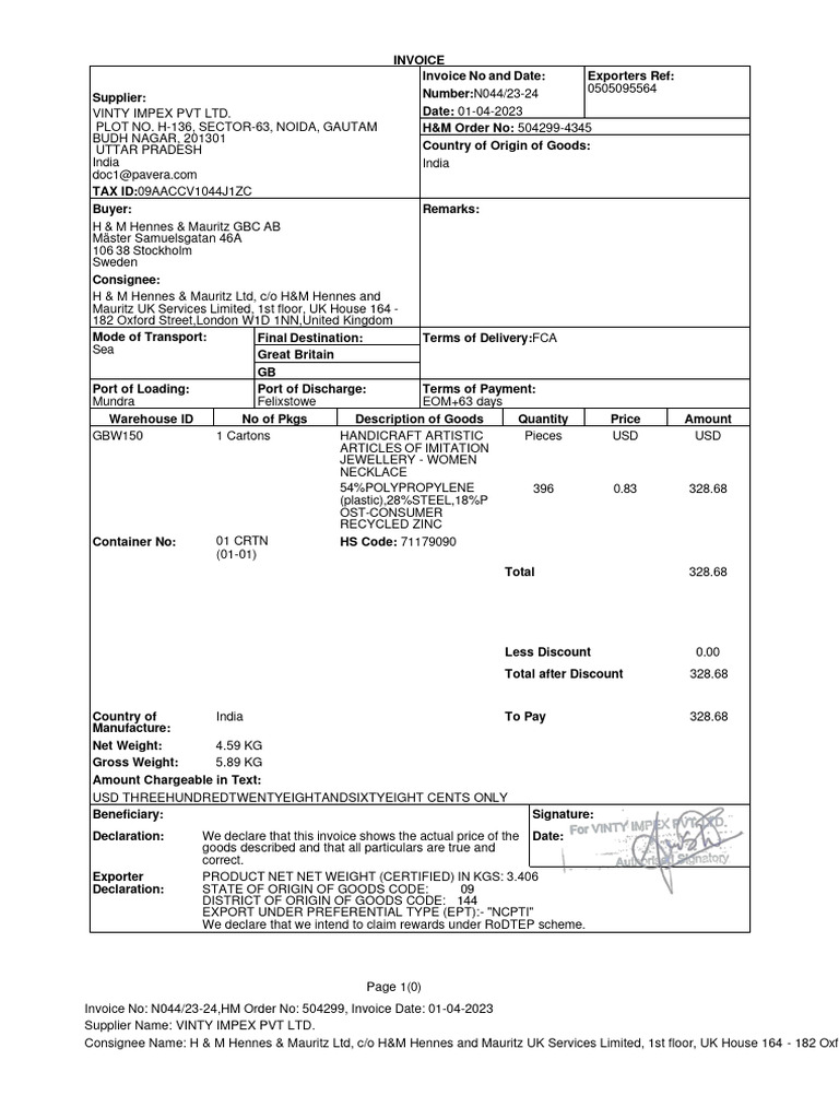 Vinty Impex Invoices for H&M Orders | PDF | Finance & Money Management