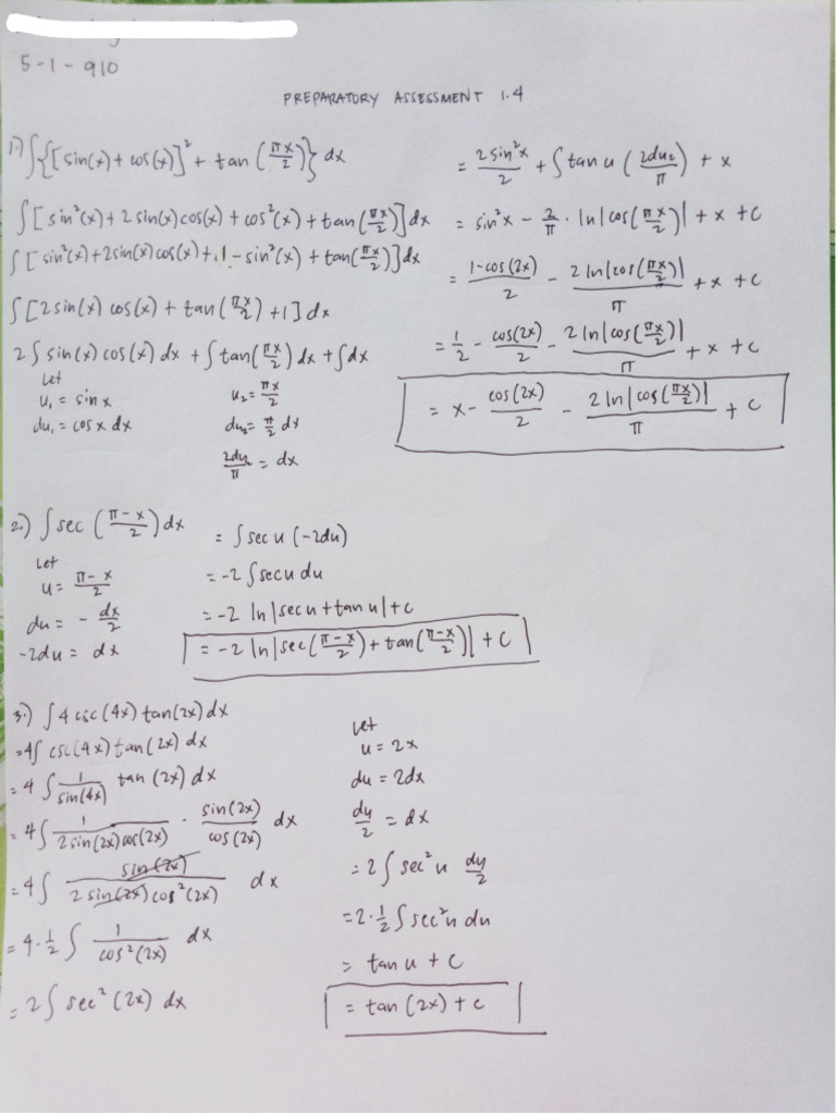 Integral Calculus Practice Quiz Integrals of Trigonometric Functions (Ateneo de Davao