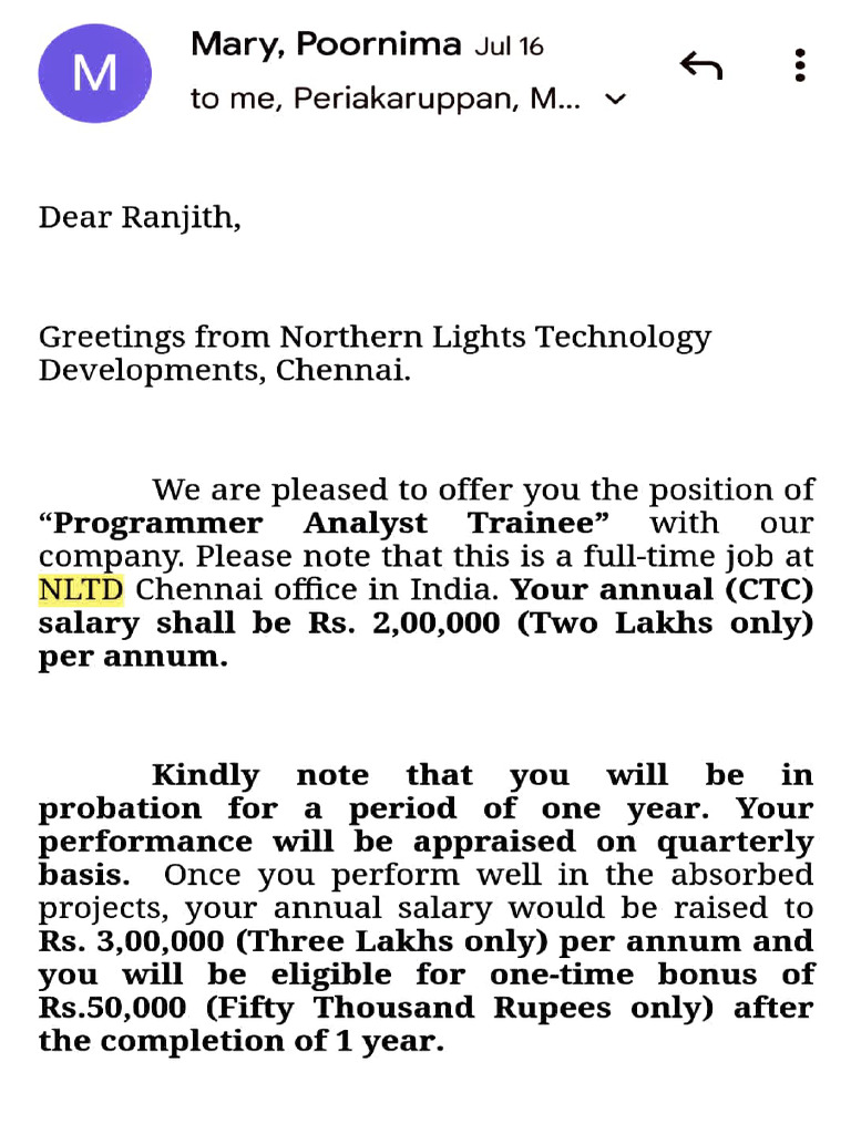Programmer Analyst Trainee Offer Details | PDF