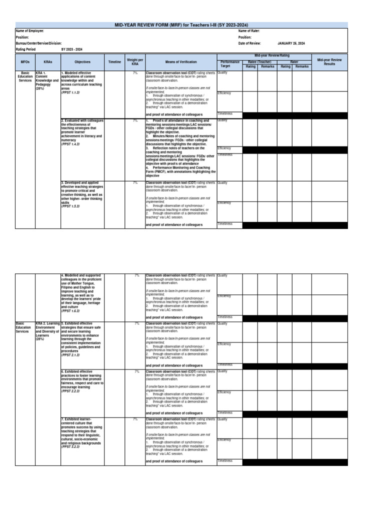 MidYear Review FormMTs SY 20232024 PDF Mentorship Learning