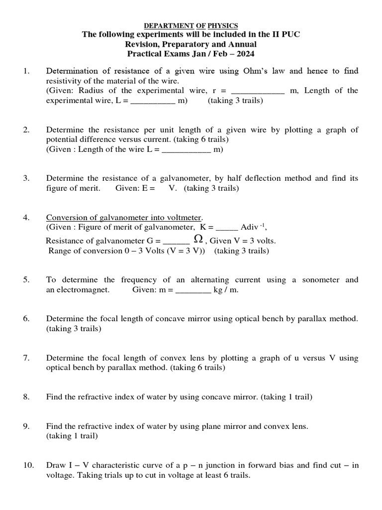II PU Phy Prictical 2024 (Revesion, Prepartory and Annual) 1 | PDF ...