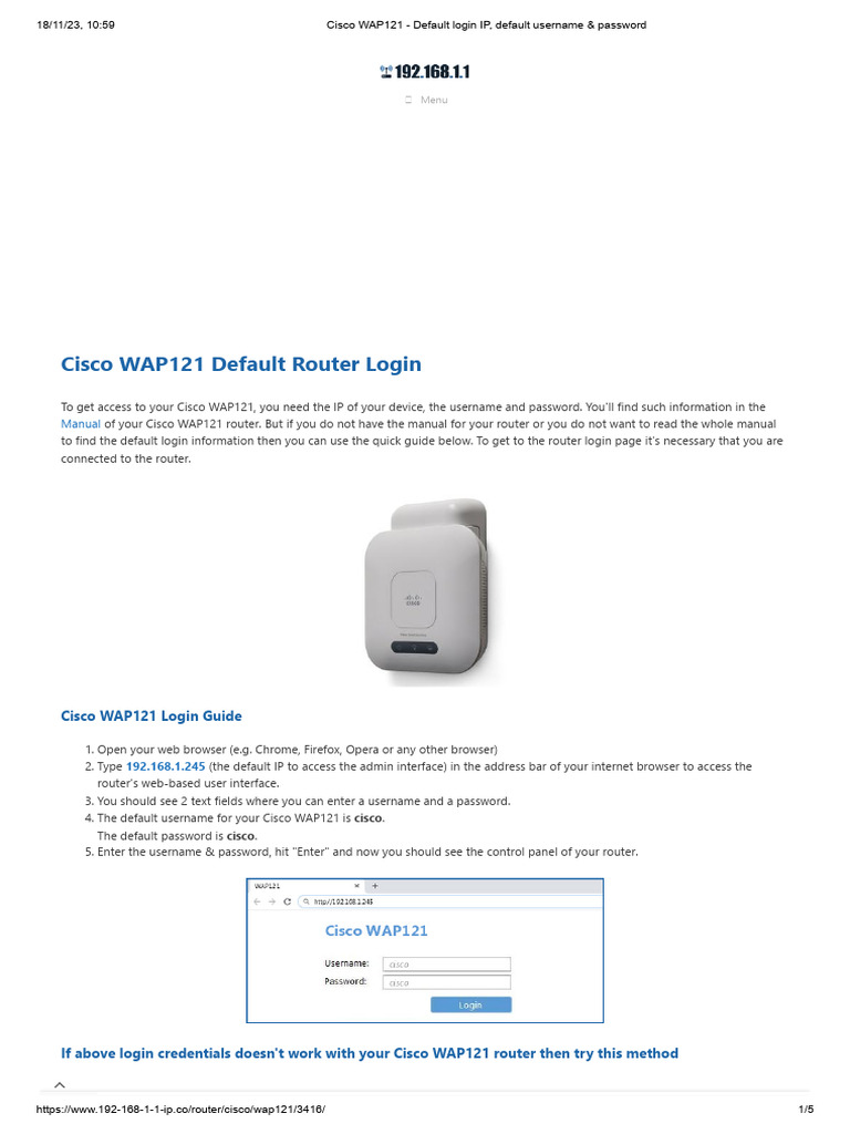 Cisco WAP121 Default Login IP, Default Username & Password PDF
