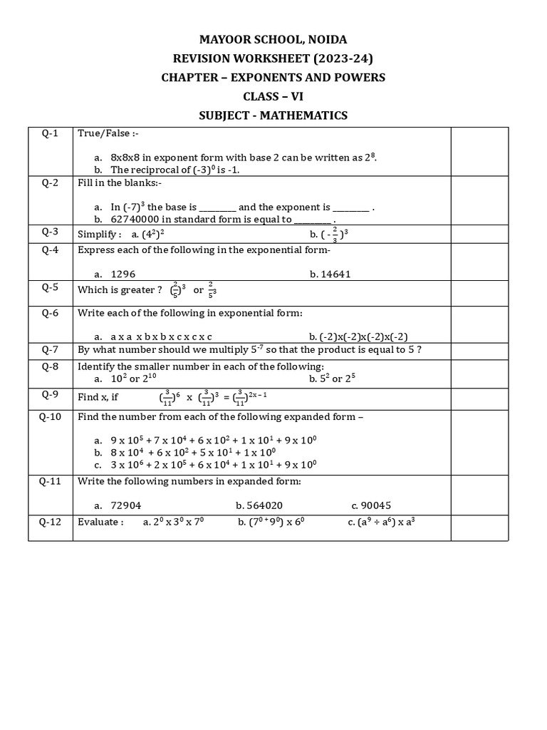 Exponents Revision Worksheet Class 7 | PDF