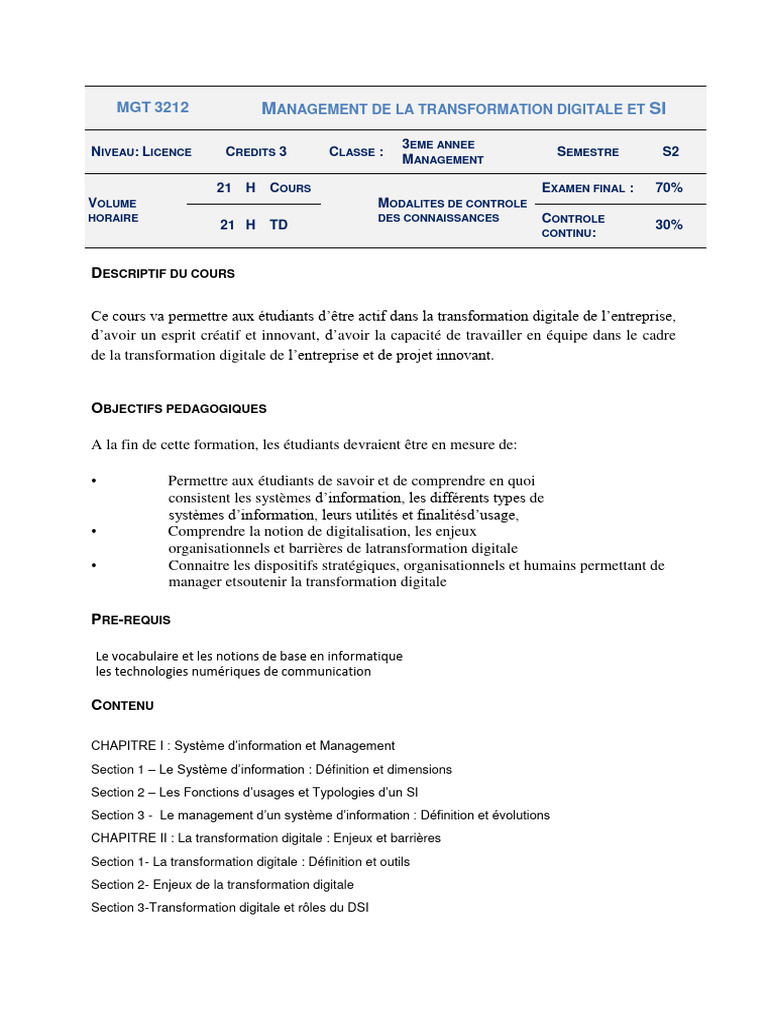Management de la Transformation Digitale | PDF | Système d'information ...