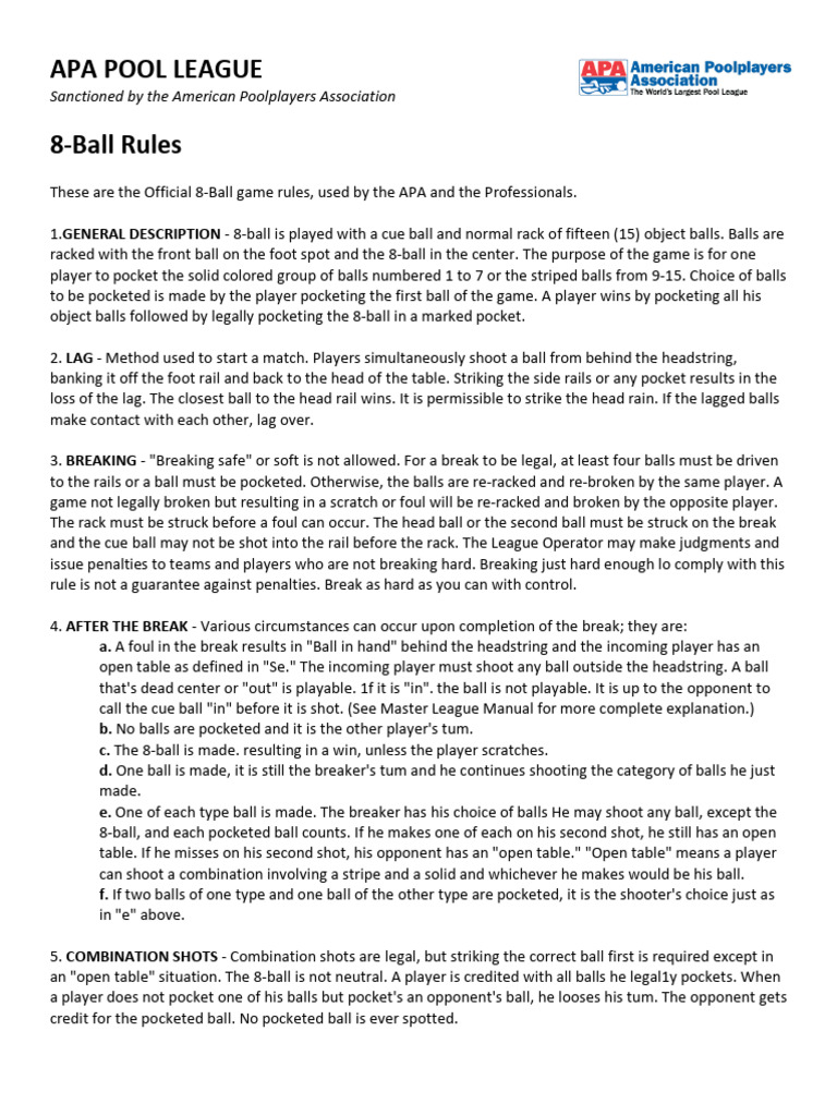 Official APA 8-Ball Rules Guide | PDF | Sports & Recreation