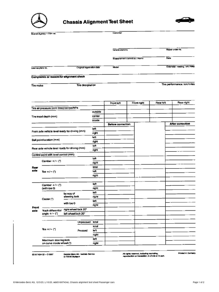 Chassis Alignment Test Sheet Passenger Cars PDF