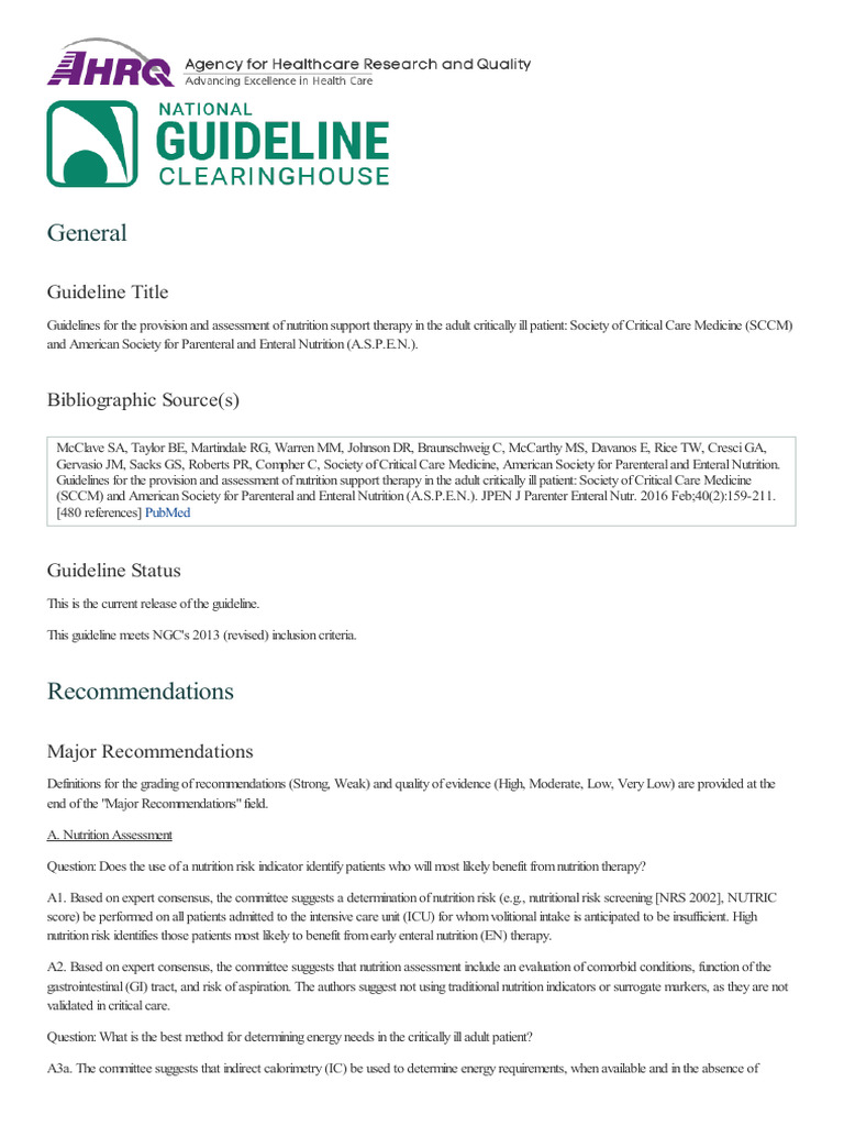 Guidelines For The Provision and Assessment of Nutrition Support ...