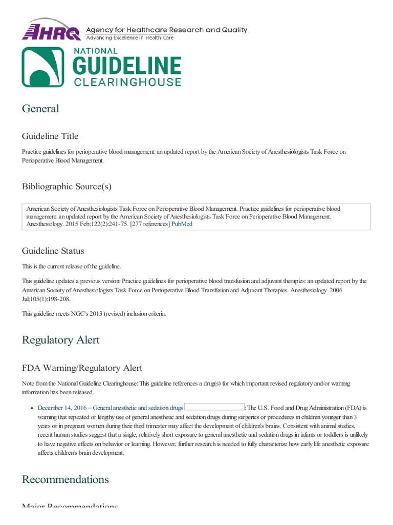 Practice Guidelines For Perioperative Blood Management An Updated