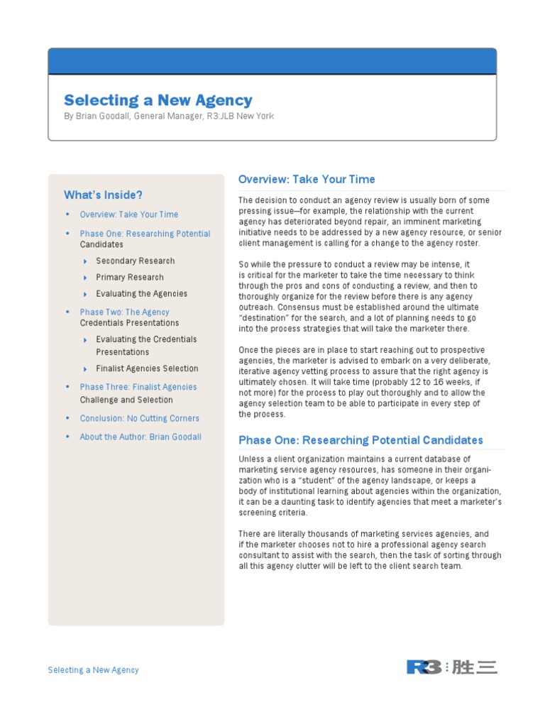 Marketers' Guide to Agency Selection | PDF | Negotiation | Marketing