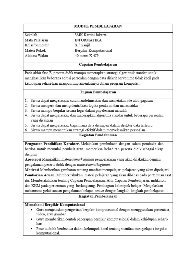 RPP Informatika Kelas 10 Kurikulum Merdeka | PDF