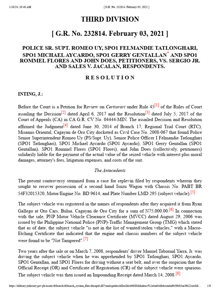 Uy v. Jacalan: Vehicle Replevin Case | PDF | Law