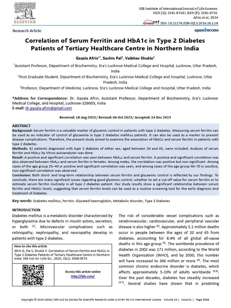 Correlation Serum Ferritin HbA1c Type2 Diabetes Patients Tertiary ...