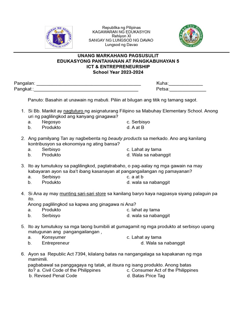 Quarterly Exam Q1 Epp 5 Pdf