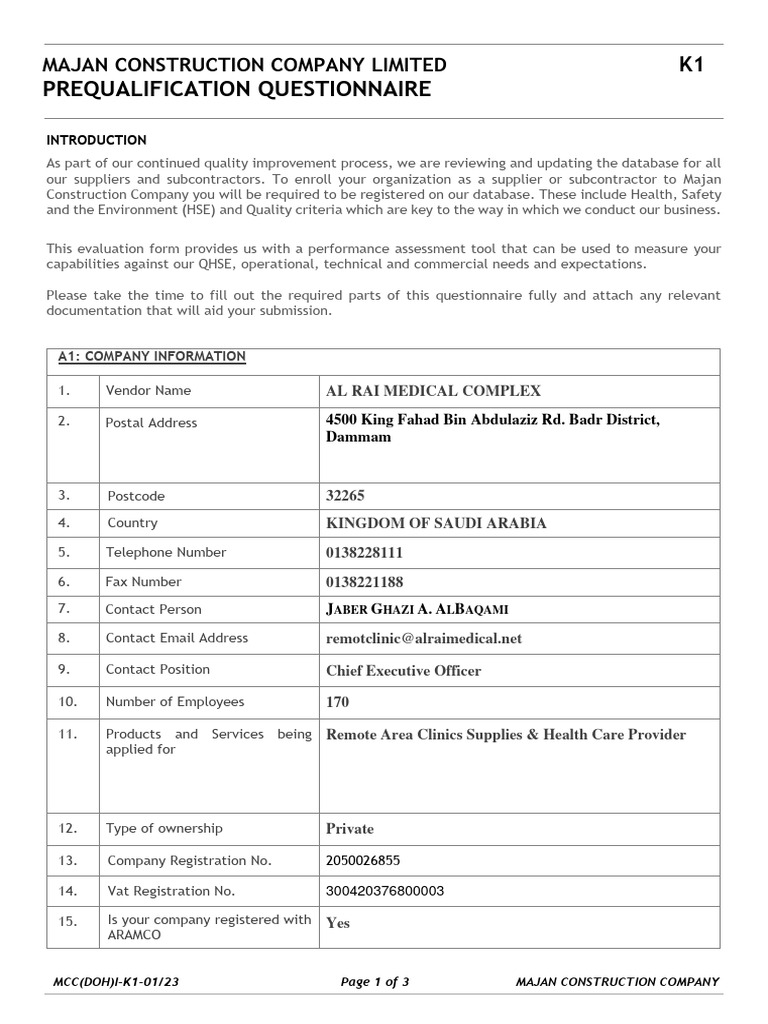 Draft Registration Form Majan Construction Company - K - 001 ...