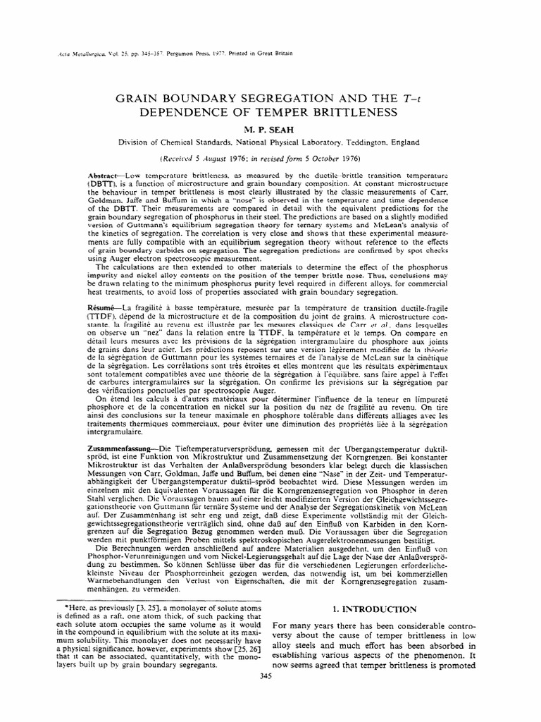 Grain Boundary Segregation and Temper Brittleness | PDF | Physical ...