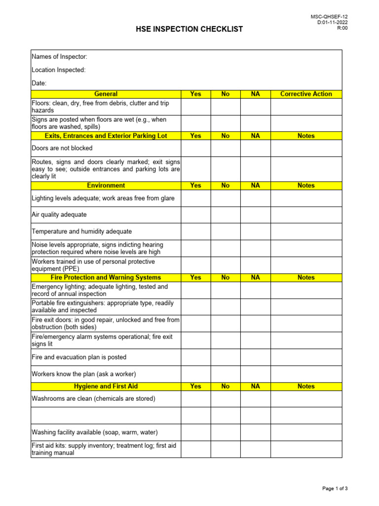 HSE Inspection Checklist Template | PDF | Technology & Engineering