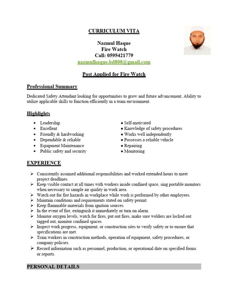 Fire Watch Resume of Nazmul Haque | PDF