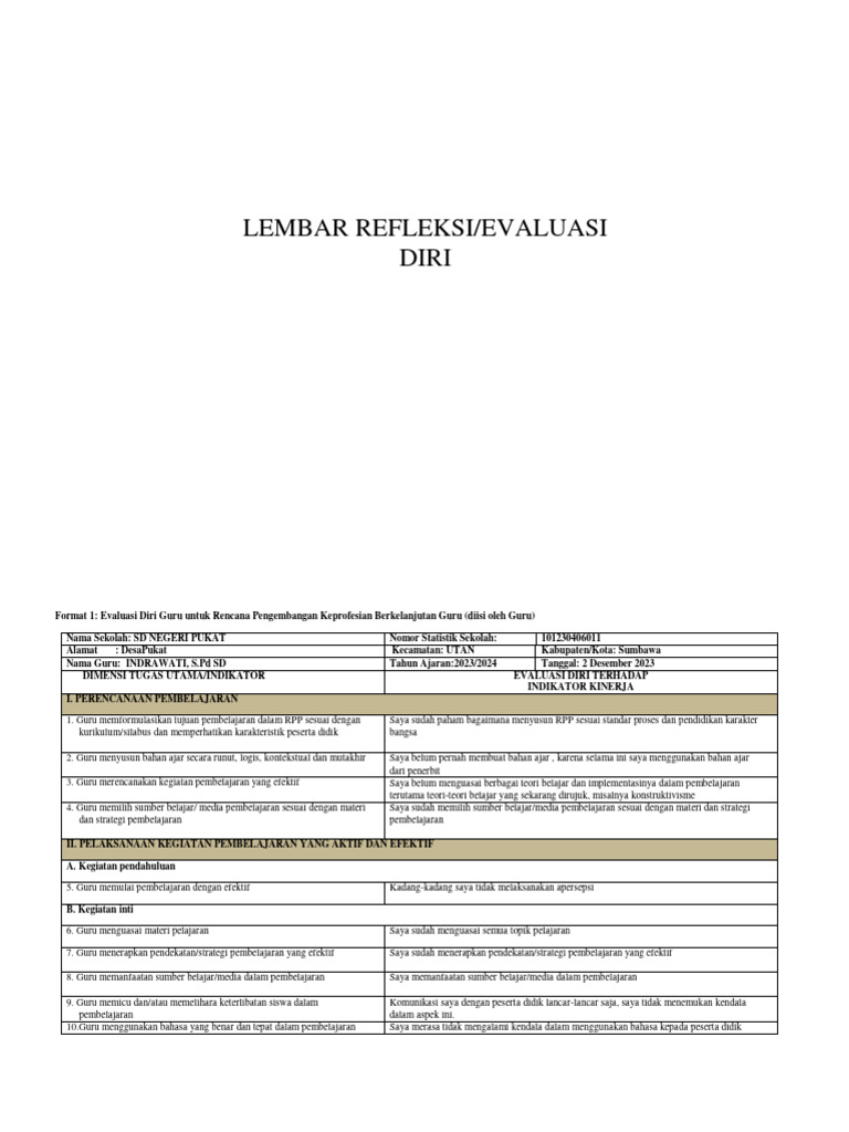 Evaluasi Diri Guru untuk Pengembangan | PDF | Karier & Perkembangan ...
