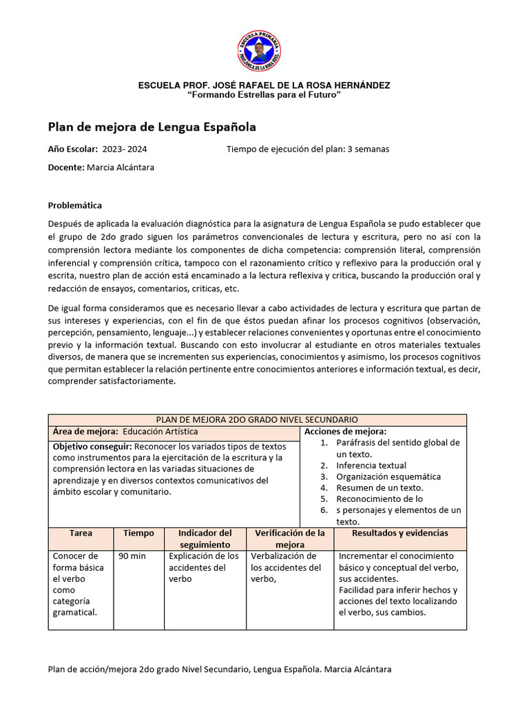 Plan de Mejora Lengua Española | PDF | Comprensión lectora ...