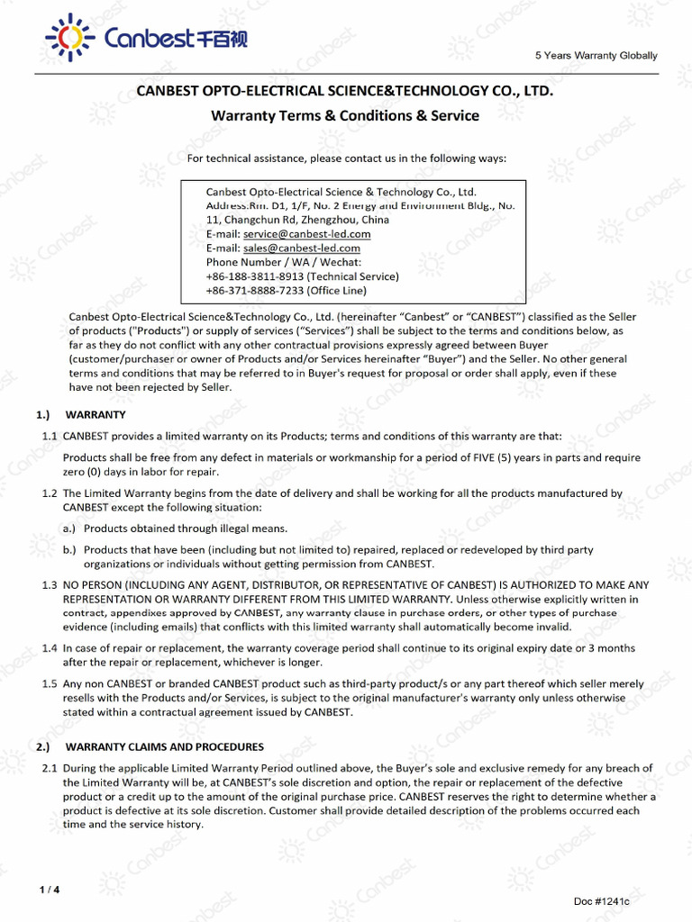 Canbest 5years Warranty Terms (2023) Download Free PDF Contractual