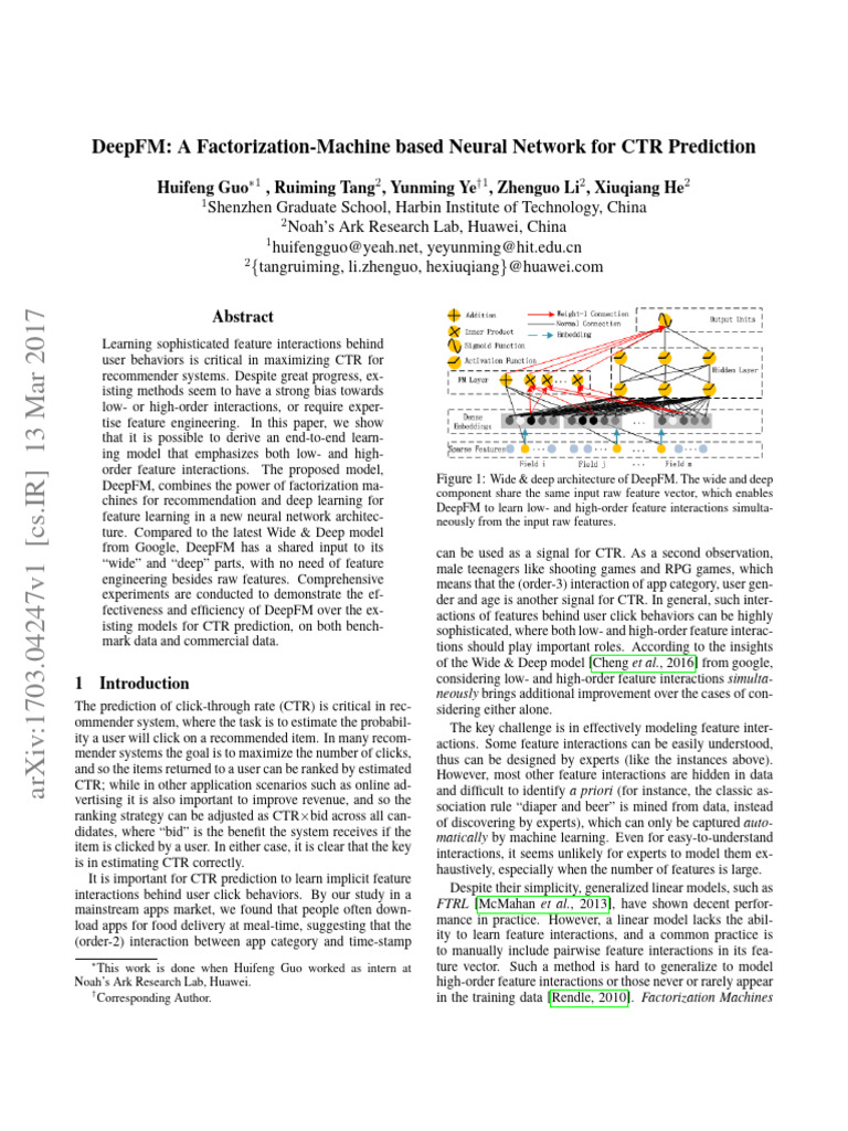 DeepFM: CTR Prediction Model 2017 | PDF