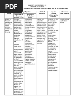 Lesson Plan Class XI (Chapter- 4 -PHYSICAL EDUCATION & SPORTS FOR CWSN (CHILDREN WITH SPECIAL NEEDS DIVYANG))