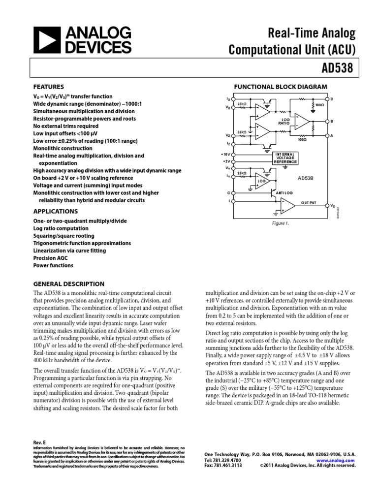 Real-Time Analog Computational Unit (ACU) AD538: Features Functional ...