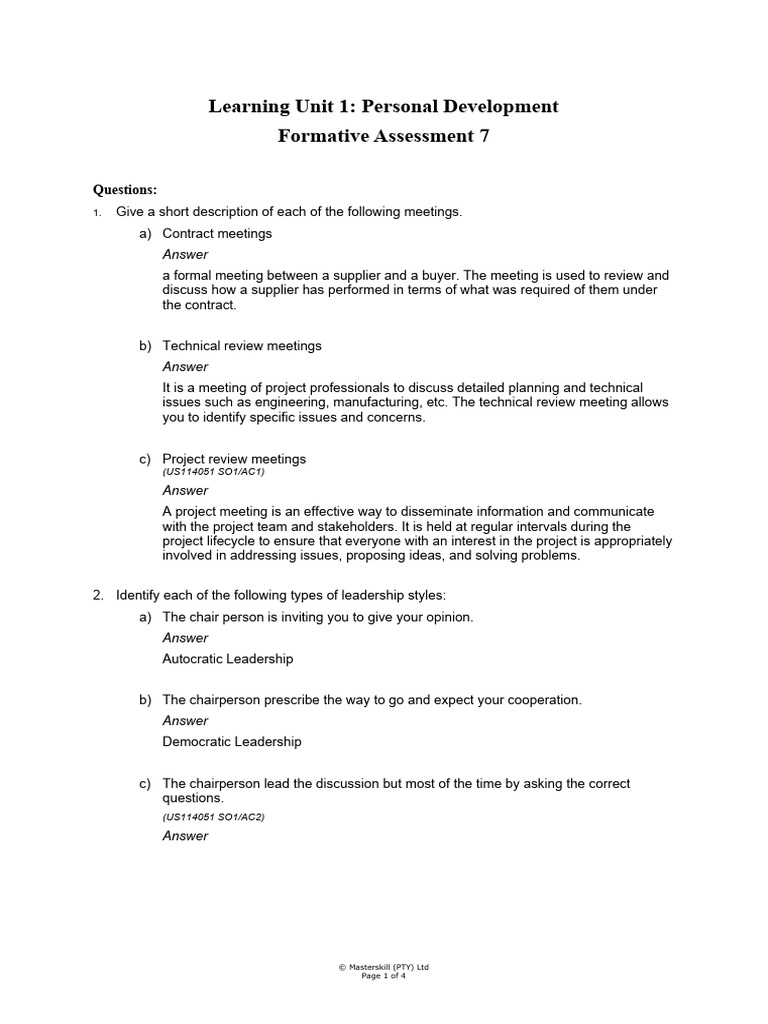 LU1 - Personal Development - FA7 - Answer Sheet | PDF | Consensus ...
