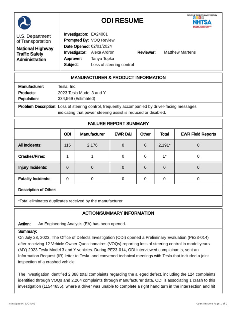 Nhtsa loss of power steering control document for tesla model 3 and