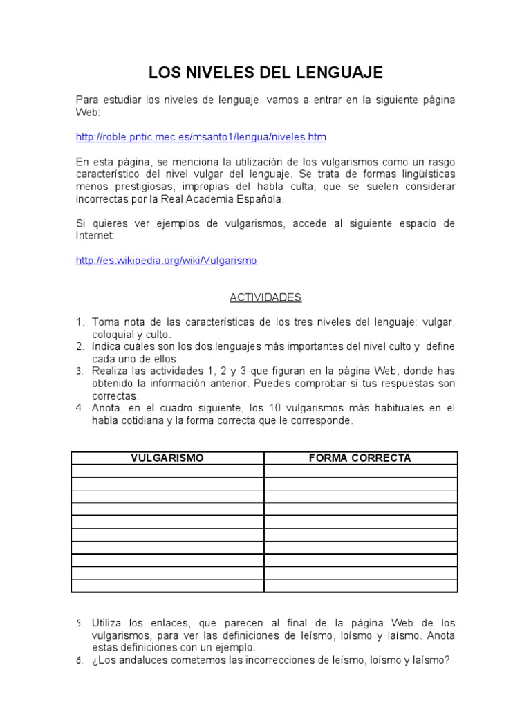 Niveles del Lenguaje y Vulgarismos | PDF | Estudios de idiomas extranjeros