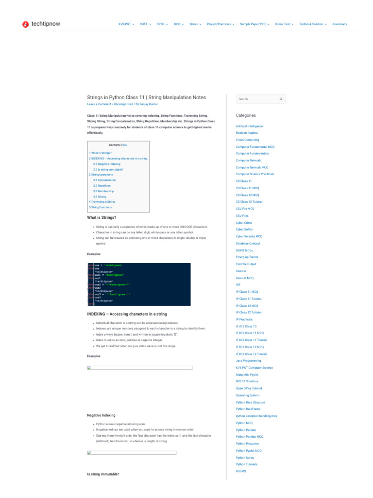 Techtipnow in Strings in Python Class 11 | PDF