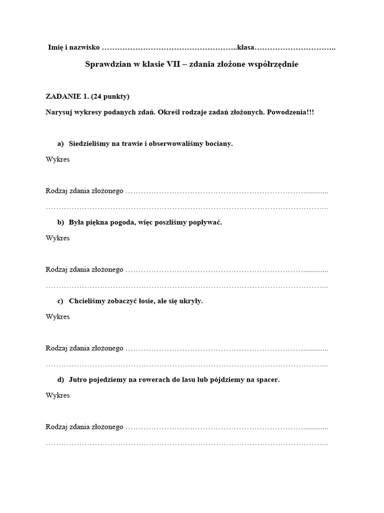Zdania Złożone Współrzędnie I Podrzędnie Sprawdzian Klasa 6 Pdf Sprawdzian w Klasie VII - Zdania Złożone Współrzędnie — Kopia | PDF