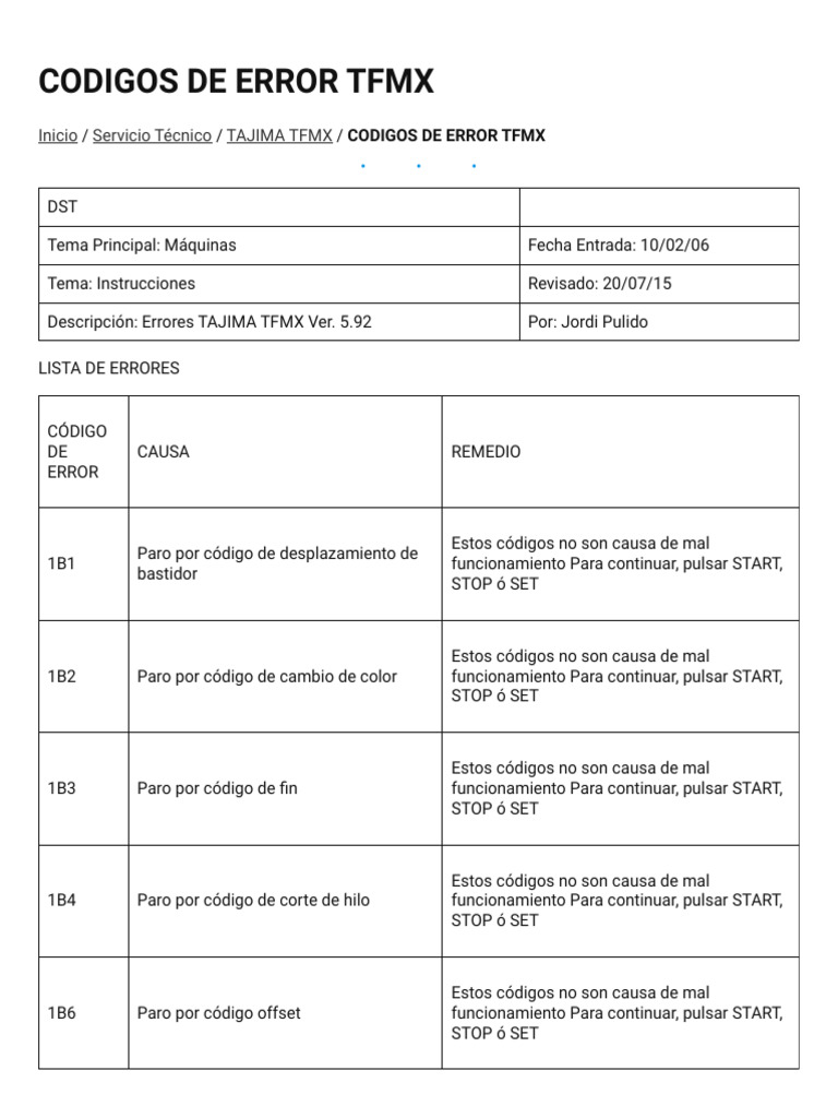 Códigos de Error TFMX Tajima | PDF | Almacenamiento de datos de la ...
