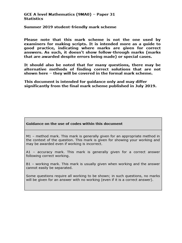 2019 A Level Maths Paper 31 Mark Scheme | PDF | Applied Mathematics ...