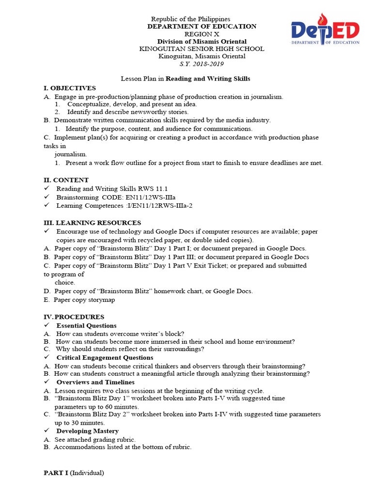 Brainstorming for Journalism Writing | PDF | Brainstorming | Lesson Plan
