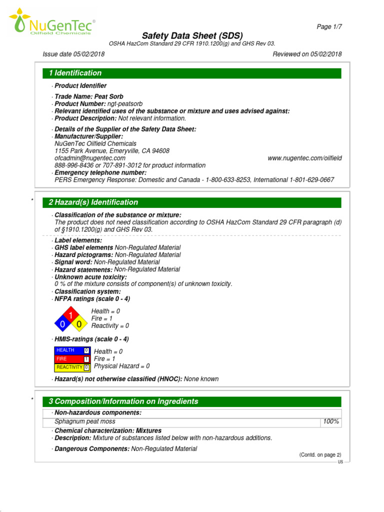 PeatSorbUSENsds Data Sheet Download Free PDF Dangerous Goods