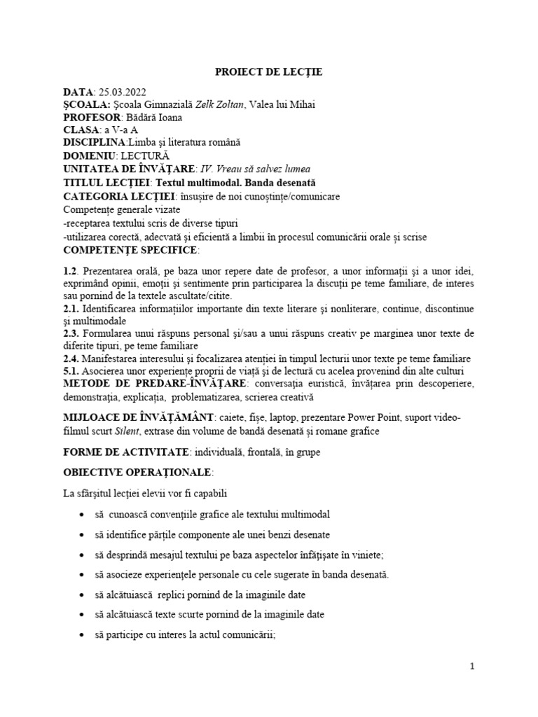 PROIECT de LECŢIE V A Textul Multimodal Banda Desenata | PDF
