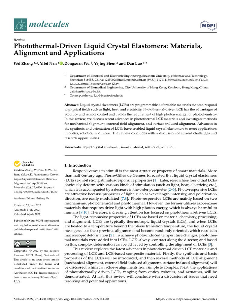 Zhang 2022 Photothermal Driven Liquid Crystal Elastomers | PDF | Carbon ...