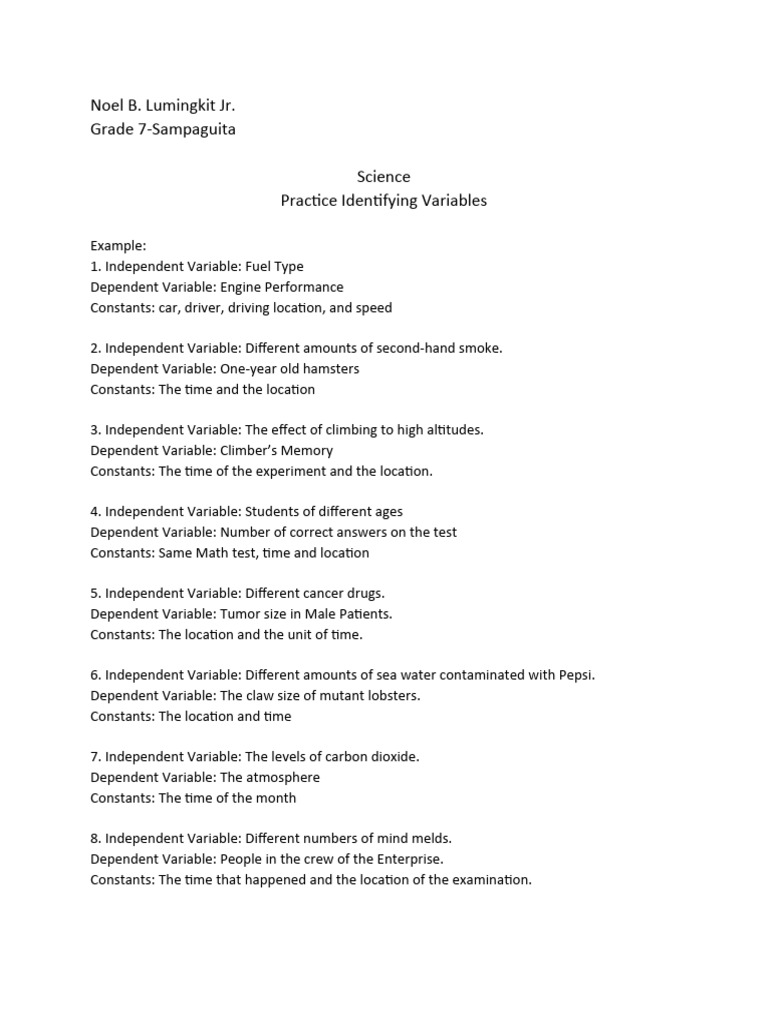 Practice Identifying Variables | PDF