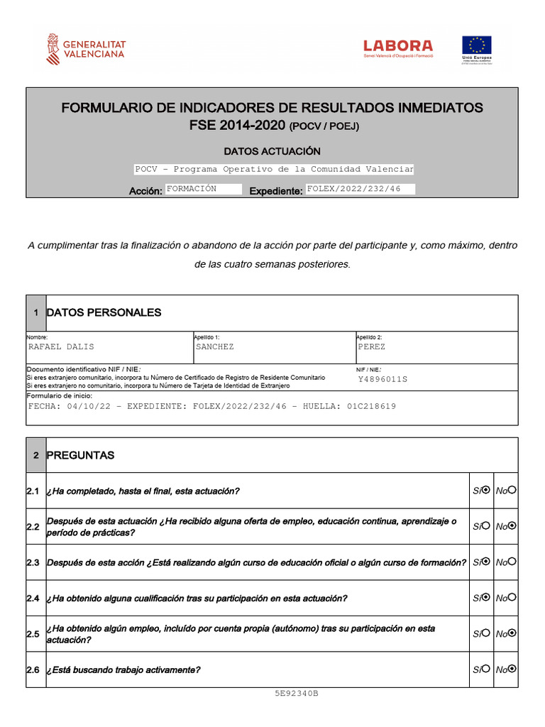 Formulario de Resultados Inmediatos FSE | PDF