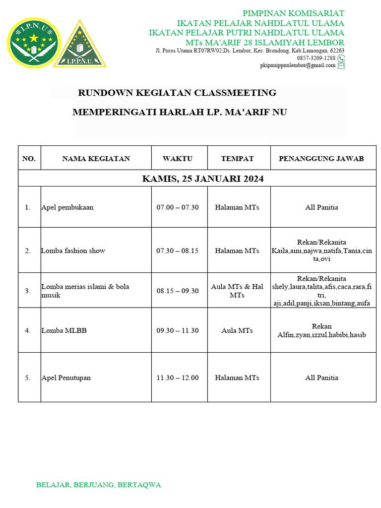 Rundown Kegiatan Classmeeting | PDF