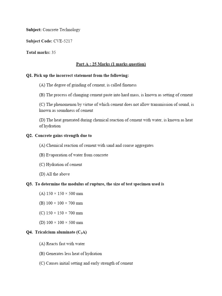 Question Paper Concrete Technology PDF Concrete Cement