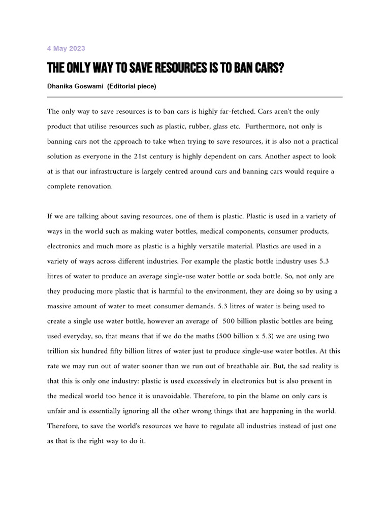 The Only Way To Save Resources Is To Ban Cars | PDF | Car | Plastic