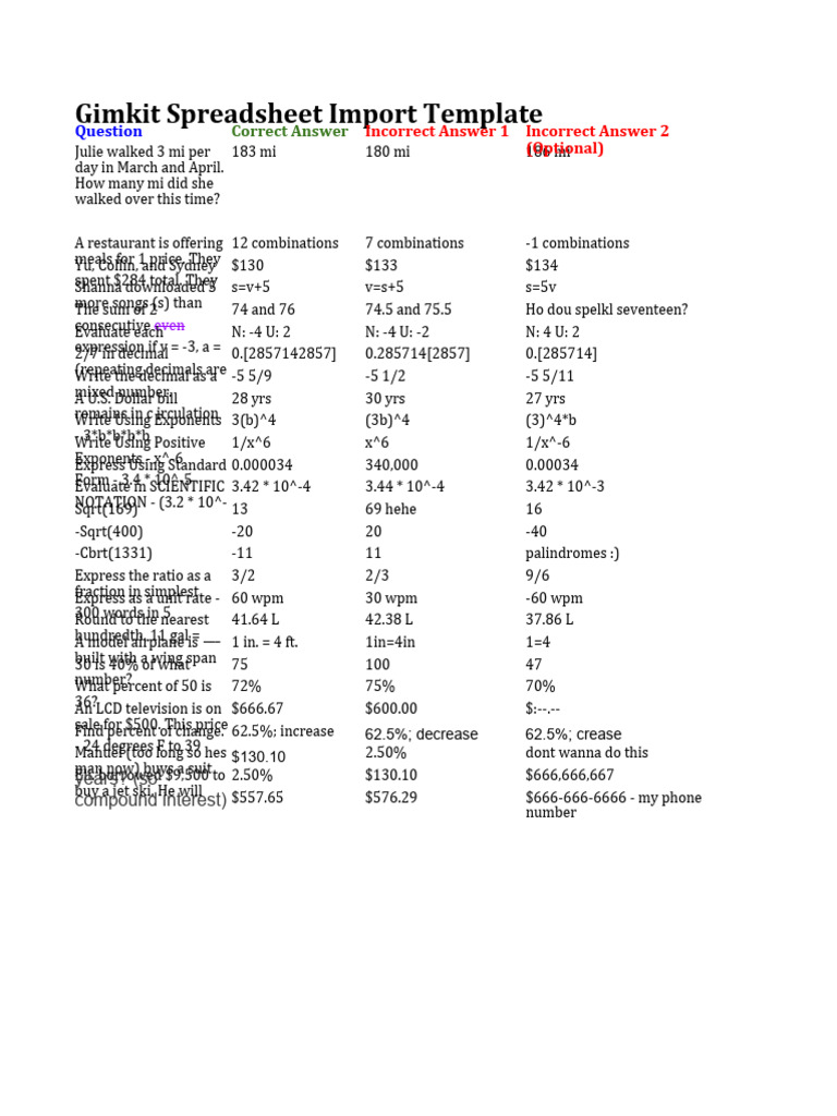 Gimkit Spreadsheet Import Template | PDF