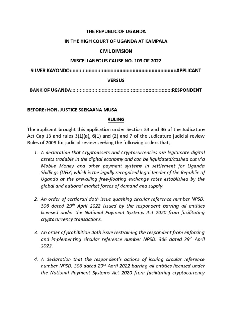 Kayondo V Bank of Uganda (Miscellaneous Cause No 109 of 2022) 2023 UGHCCD  113 (24 April 2023) | PDF