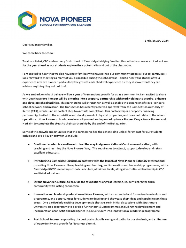 Nova Pioneer School Year 2024 Updates | PDF | Learning