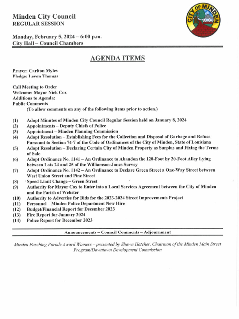 Agenda For Minden City Council Meeting Feb. 5, 2024 | PDF