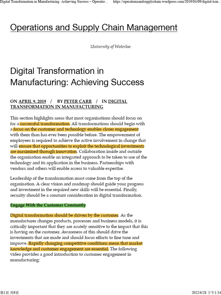 Digital Transformation In Manufacturing Achieving Success Operations